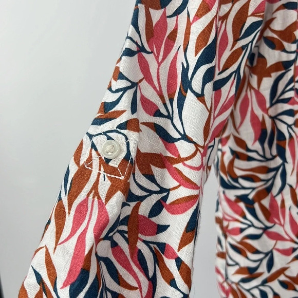 Lands End Button Front Shirt Womens Medium Leaf Print Tropical Linen Long Sleeve - Picture 4 of 12